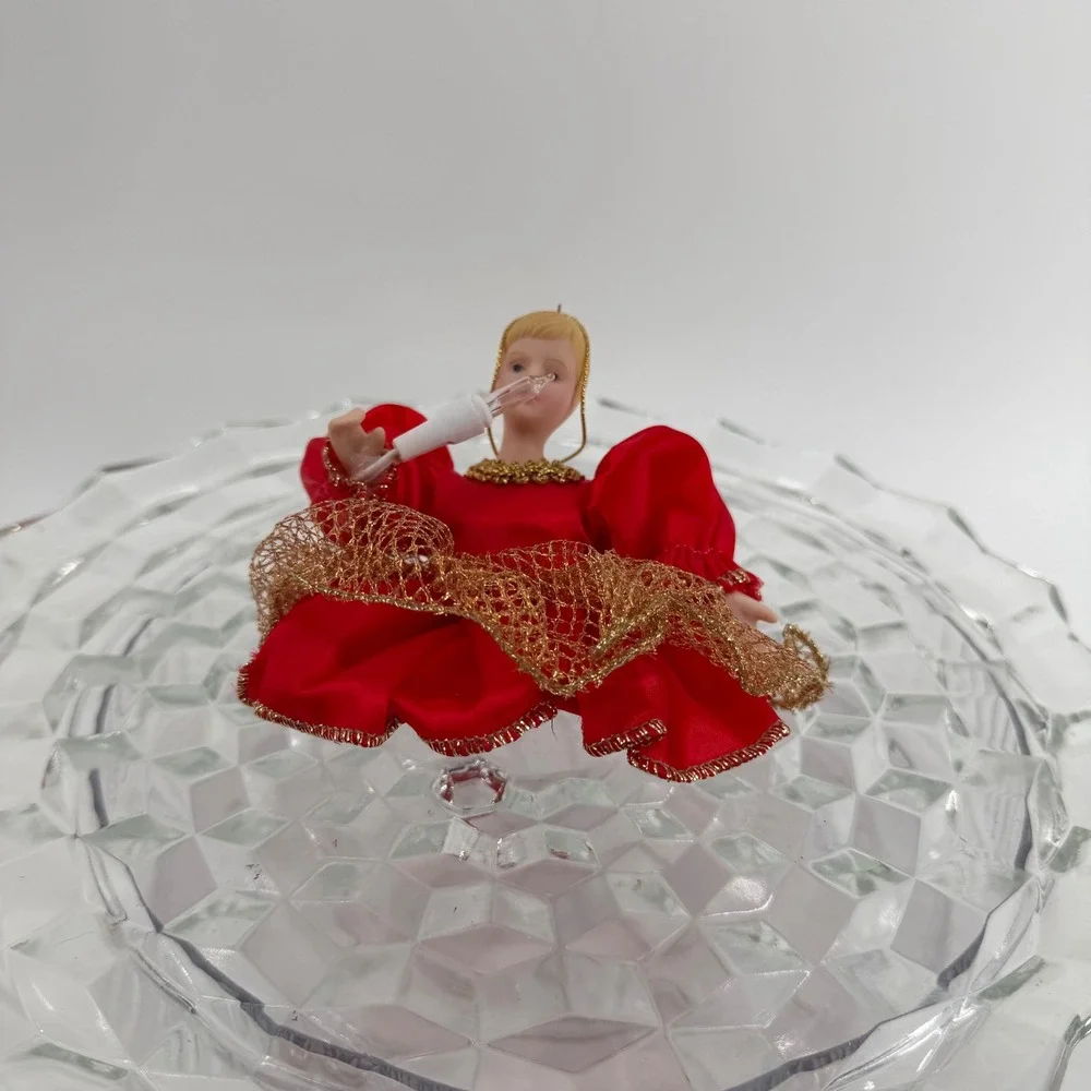 Vintage Ballerina Doll Christmas Ornament Red Gown Gold Trim Holding‎ Light